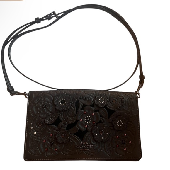 SOLD Coach Black Tea Rose Floral clutch holdover Crossbody - Picture 3 of 6